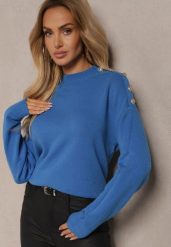 Niebieski Sweter z Półgolfem Wiskozą i Modalem Ozdobiona Guzikami Emmitana. Niebieskie swetry klasyczne damskie Renee, l, z jeansu, bez kołnierzyka. Za 69.99 zł.
