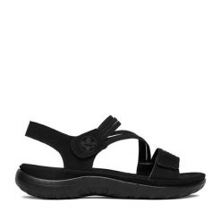 Sandały Rieker. Czarne sandały damskie Rieker, bez wzorów, bez obcasa, na płaskiej podeszwie, bez zapięcia. Za 319.99 zł.