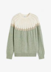 Sweter ażurowy. Niebieskie swetry klasyczne damskie bonprix, bez kołnierzyka. Za 117.99 zł.