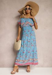 Niebieska Letnia Sukienka z Bawełny o Fasonie Hiszpanki z Gumką w Pasie i Wzorem Paisley Delsina. Niebieskie sukienki damskie Renee, z aplikacjami, z bawełny, boho, bez ramiączek. W wyprzedaży za 38.49 zł.