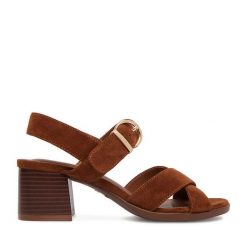 Sandały JENNY. Brązowe sandały damskie Jenny, bez wzorów, bez obcasa, na słupku, bez zapięcia. Za 129.99 zł.