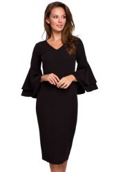 Sukienka elegancka wieczorowa midi z bufiastymi rękawami czarna. Czarne sukienki damskie Makover, bez wzorów, eleganckie, bez ramiączek. Za 289.00 zł.