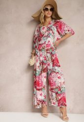 Różowo-Biały Wiskozowy Kombinezon w Stylu Boho z Gumkami w Pasie i Wiązaniem Sunilla. Czerwone sukienki damskie Renee, bez wzorów, z materiału, boho, bez ramiączek. W wyprzedaży za 63.99 zł.