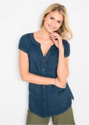 "Bluzka bawełniana ""cold-dyed"", krótki rękaw, ze zrównoważonej bawełny". Szare bluzki damskie bonprix, bez wzorów, z bawełny, bez kołnierzyka, bez ramiączek. Za 89.99 zł.