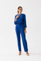Chabrowy Elegancki Kombinezon z Łezką w Dekolcie. Niebieskie kombinezony damskie MOE, l, bez wzorów, z elastanu, eleganckie, bez kołnierzyka, bez ramiączek. Za 306.00 zł.