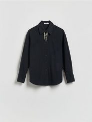 Koszula w prążek - szary. Szare koszule damskie Reserved, l, bez wzorów, z tkaniny, bez kołnierzyka, bez ramiączek. Za 159.99 zł.