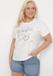 Biały T-shirt Ażurowy z Ozdobnymi Cyrkoniami Cevola. Białe t-shirty damskie Born2be, xl, w ażurowe wzory, bez kołnierzyka. Za 34.99 zł.