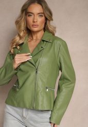 Zielona Klasyczna Kurtka Ramoneska Ilanitha. Zielone kurtki damskie Renee, xl, bez wzorów, z jeansu, bez kaptura. Za 129.99 zł.