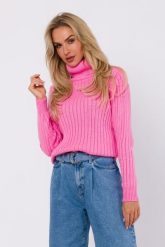 Sweter z Golfem o Prążkowanym Splocie - Różowy. Czerwone golfy damskie MOE, l, z materiału, bez kołnierzyka. Za 220.90 zł.