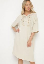 Jasnobeżowa Sukienka Pudełkowa z Guzikami i Ozdobnymi Haftami Jenivanea. Brązowe sukienki damskie Born2be, z aplikacjami, eleganckie, bez ramiączek. Za 89.99 zł.