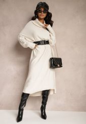 Jasnobeżowa Sweterkowa Sukienka z Wiskozą z Golfem i Eleganckimi Rozcięciami Elettrina. Brązowe sukienki damskie Renee, bez wzorów, z wiskozy, eleganckie, bez ramiączek. W wyprzedaży za 95.99 zł.