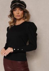 Czarny Sweter z Dodatkiem Wiskozy i Cyrkoniami Zakończony Ściągaczem Glorivia. Czarne swetry klasyczne damskie Renee, z jeansu, bez kołnierzyka. Za 89.99 zł.