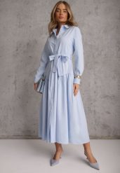 Niebieska Sukienka w Koszulowym Stylu z Wiskozą Bawełną i Paskiem Nerigunn. Niebieskie sukienki damskie Renee, bez wzorów, z bawełny, eleganckie, bez ramiączek. Za 199.99 zł.