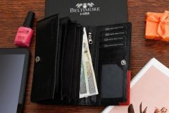Damski skórzany portfel duży poziomy na suwak RFiD czarny BELTIMORE 042. Czarne portfele damskie bez wzorów. Za 64.90 zł.