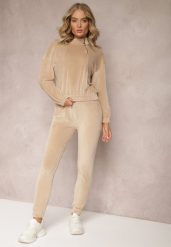 Beżowy Komplet Dresowy z Weluru ze Ściągaczami i Bluzą z Kapturem Rerafina. Brązowe bluzy damskie Renee, m, bez wzorów, z dresówki, z kapturem. Za 149.99 zł.