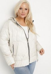 Biała Kurtka Dwustronna z Kapturem i Ozdobnym Pikowaniem Helritis. Białe kurtki damskie Born2be, plus size, bez wzorów, z jeansu, z kapturem. Za 239.99 zł.