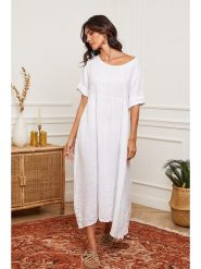 La Compagnie Du Lin Lniana sukienka w kolorze białym rozmiar: M. Białe sukienki damskie La Compagnie Du Lin, bez wzorów, ze lnu, bez ramiączek. Za 210.81 zł.