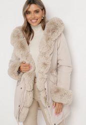 Beżowa Kurtka Parka z Ozdobnym Futerkiem Ikhana. Brązowe kurtki damskie Born2be, xl, z futra, bez kaptura. Za 199.99 zł.