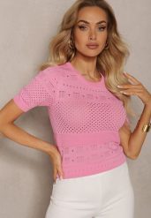 Różowa Klasyczna Bluzka w Ażurowy Wzór Lidakra. Czerwone bluzki damskie Renee, xs, w ażurowe wzory, z jeansu, eleganckie, bez kołnierzyka, bez ramiączek. Za 54.99 zł.