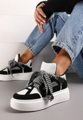 Czarno-Białe Sneakersy Na Niskiej Platformie z Szerokimi Sznurówkami we Wzorek Vidira. Czarne obuwie sportowe damskie Renee, z materiału, bez zapięcia. Za 99.99 zł.