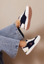 Granatowe Sneakersy z Metalicznymi Wstawkami i Drobnym Haftem c. Niebieskie obuwie sportowe damskie Born2be, przed kostkę, bez zapięcia. Za 39.99 zł.