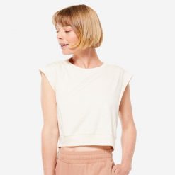 Koszulka do jogi damska Kimjaly crop. Brązowe koszulki damskie KIMJALY, xs, bez wzorów, z bawełny, bez kołnierzyka, bez ramiączek. Za 79.99 zł.