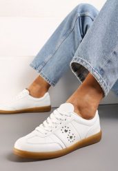 Białe Sneakersy na Płaskiej Podeszwie z Wiązaniem i Ozdobną Wstawką Drukesti. Białe obuwie sportowe damskie Renee, z materiału, bez zapięcia. Za 69.99 zł.