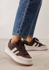 Brązowo-Beżowe Sneakersy Basic z Paskami na Boku Adila. Brązowe obuwie sportowe casual damskie Renee, z jeansu. Za 99.99 zł.