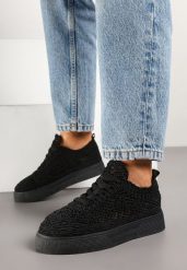 Czarne Koronkowe Sneakersy na Niskiej Platformie Nanalisea. Czarne obuwie sportowe damskie Born2be, z koronki, bez zapięcia. Za 89.99 zł.
