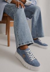 Niebieskie Sneakersy Vices na Grubej Tłoczonej Podeszwie ze Sznurowaniem i Metaliczną Ozdobą Ulfedi. Niebieskie obuwie sportowe damskie Born2be, z jeansu, bez zapięcia. Za 99.99 zł.