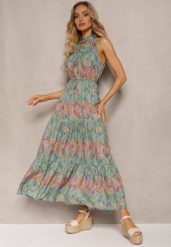 Niebiesko-Zielona Sukienka w Stylu Boho Bez Rękawów z Gumką w Pasie i Wiązaniem przy Dekolcie Yisa. Niebieskie sukienki damskie Renee, bez wzorów, z materiału, boho, bez ramiączek. W wyprzedaży za 67.99 zł.