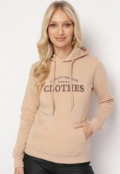 Beżowa Dzianinowa Bluza z Kapturem i Haftowanym Napisem Athendra. Brązowe bluzy damskie Born2be, l, z aplikacjami, z dzianiny, z kapturem. Za 84.99 zł.