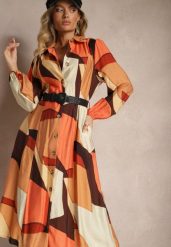 Jasnobrązowa Koszulowa Sukienka z Wiskozą Zdobiona Geometrycznym Wzorem z Paskiem w Talii Tifiel. Brązowe sukienki damskie Renee, z aplikacjami, z wiskozy, eleganckie, bez ramiączek. W wyprzedaży za 107.99 zł.