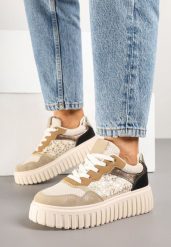 Beżowe Sneakersy na Tłoczonej Podeszwie ze Zdobieniami w Panterkę Gerraza. Brązowe obuwie sportowe damskie Born2be, z jeansu, bez zapięcia. Za 109.99 zł.