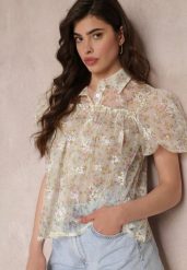Beżowa Siateczkowa Bluzka w Kwiaty z Kołnierzem Kiasia. Brązowe bluzki damskie Renee, m, bez wzorów, bez kołnierzyka, bez ramiączek. Za 49.99 zł.