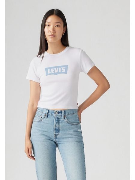 Levi's Koszulka w kolorze białym rozmiar: M. Białe bluzki damskie Levi's, m, bez wzorów, z bawełny, bez kołnierzyka, bez ramiączek. Za 79.03 zł.