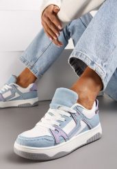 Niebiesko-Białe Sneakersy Ozdobione Jeansowymi Naszywkami Cliome. Niebieskie obuwie sportowe damskie Renee, z jeansu, bez zapięcia. Za 79.99 zł.
