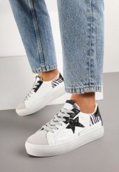 Biało-Szare Sneakersy na Niskiej Platformie z Brokatowymi Zdobieniami Felaven. Białe obuwie sportowe damskie Renee, z jeansu, bez zapięcia. Za 79.99 zł.