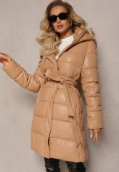 Ciemnobeżowa Wiskozowa Kurtka z Imitacji Skóry z Ozdobnym Pikowaniem z Paskiem i Kapturem Gersja. Brązowe kurtki damskie Renee, l, bez wzorów, ze skóry. Za 359.99 zł.