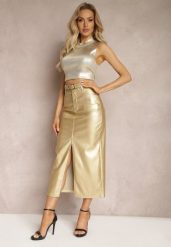 Złota Ołówkowa Spódnica Maxi z Ekoskóry i Paskiem Evell. Żółte spódnice damskie Renee, m, z aplikacjami, eleganckie, maxi. Za 159.99 zł.