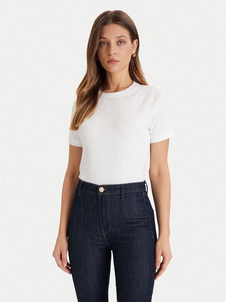 Guess T-Shirt V5BI12 K8FQ4 Biały Regular Fit. Białe t-shirty damskie Guess, l, z aplikacjami, z bawełny, bez kołnierzyka. Za 119.99 zł.