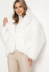 Biała Elegancka Kurtka w Stylu Futerka Vortirae. Białe kurtki damskie Born2be, bez wzorów, z futra, bez kaptura. Za 269.99 zł.