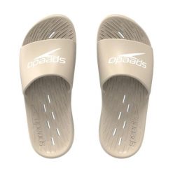 Klapki basenowe antypoślizgowe damskie Speedo Slides. Brązowe klapki damskie Speedo, bez wzorów, z materiału, bez obcasa, bez zapięcia. Za 79.99 zł.