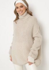 Beżowy Golf Oversize z Dzianiny z Wełną i Moherem Temittes. Brązowe golfy damskie Born2be, bez wzorów, z dzianiny, bez ramiączek. Za 169.99 zł.