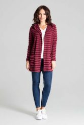 Bordowy Niezapinany Sweter w Paski z Kapturem. Czerwone kardigany damskie Katrus, m, bez wzorów, z elastanu. Za 219.00 zł.