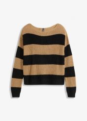 Sweter w paski. Brązowe swetry klasyczne damskie bonprix, bez kołnierzyka. Za 89.99 zł.