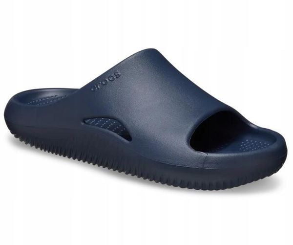 Klapki Dla Dorosłych Crocs Mellow Recovery Slide. Niebieskie klapki damskie Crocs, bez wzorów, z materiału, bez obcasa, bez zapięcia. Za 119.99 zł.