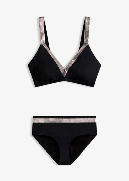 Bikini ze srebrnymi wstawkami (komplet 2-cz.). Czarne bikini bonprix, z aplikacjami. Za 99.99 zł.
