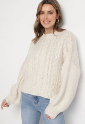Jasnobeżowy Sweter z Wełną Zdobiony Warkoczowym Splotem Lakkaria. Brązowe swetry klasyczne damskie Born2be, z jeansu, bez kołnierzyka. Za 159.99 zł.