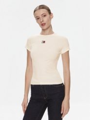 Tommy Jeans T-Shirt Badge DW0DW17881 Kremowy Slim Fit. Białe t-shirty damskie Tommy Jeans, l, bez wzorów, z bawełny, bez kołnierzyka. Za 119.99 zł.